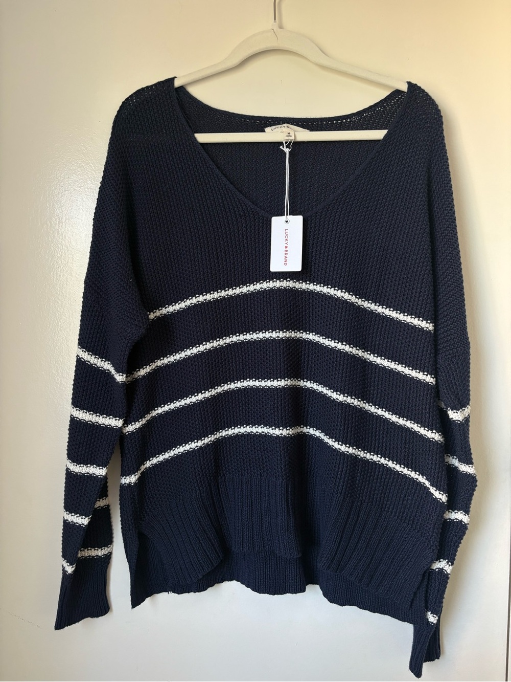 Lucky Brand Navy and White V-Neck Striped Sweater